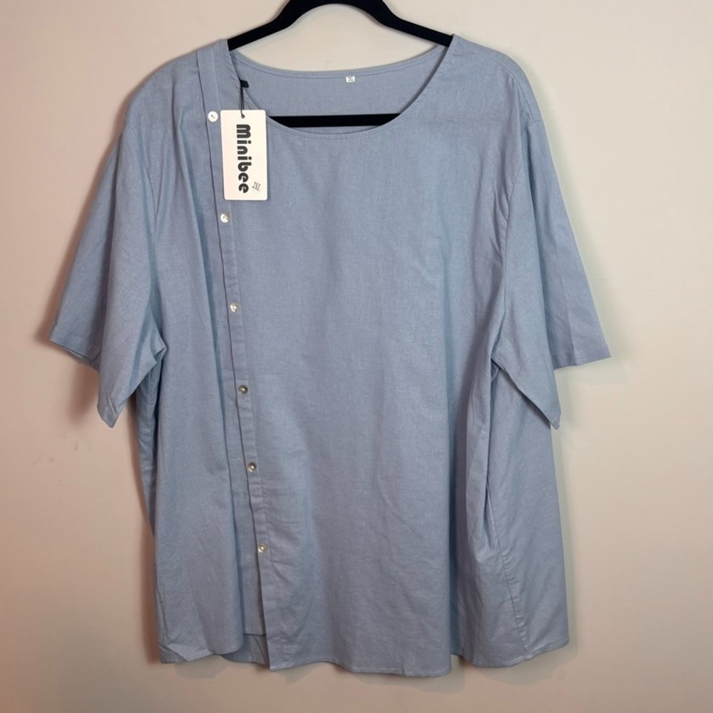NEW Minibee Womens Baby Blue Linen Cotton Short Sleeve Button Asymmetric Top XL